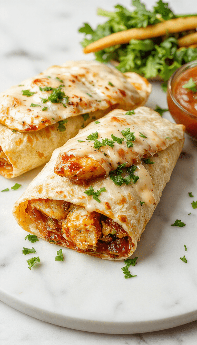 Colorful close-up of cheesy garlic chicken wraps on a rustic wooden platter, showcasing golden-brown wraps overflowing with melted cheese, tender chicken pieces, and vibrant freshly chopped herbs, styled with garlic cloves and parsley for an inviting presentation.
