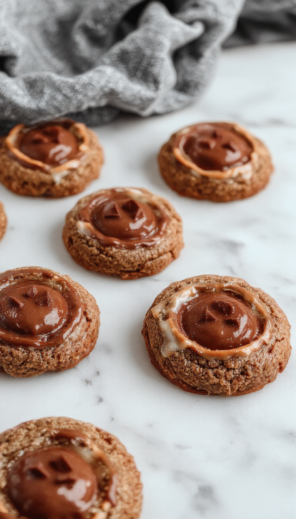 Colorful jack-o'-lantern-shaped cookies with a glossy milk chocolate filling, orange and black icing accents, arranged on a rustic wooden tray with autumn leaves in the background, showcasing their playful and inviting appearance with a textured sugar-coating surface.