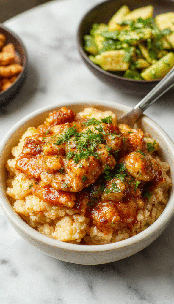 A hearty plate of smothered chicken resting atop fluffy white rice, covered in a rich, creamy gravy with caramelized onions and herbs, garnished with chopped parsley. The dish is served on a rustic plate against a warm, inviting background with a side of green vegetables and a crusty bread roll, highlighting the textures and luscious sauce.