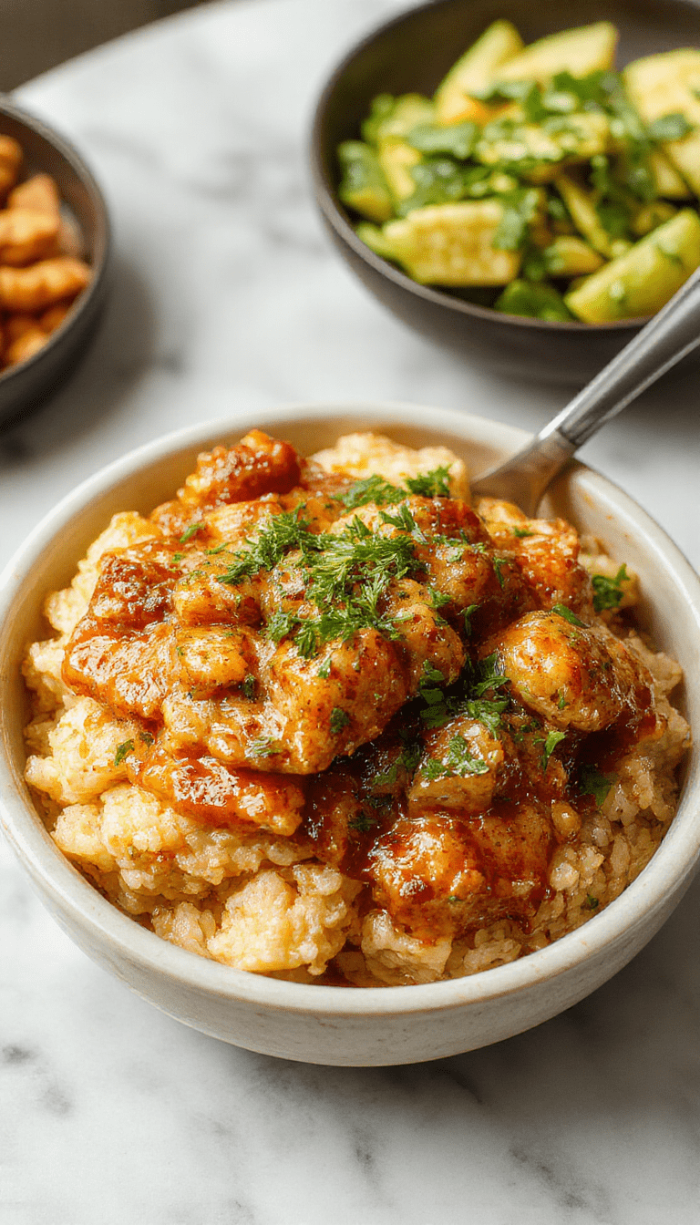 A hearty plate of smothered chicken resting atop fluffy white rice, covered in a rich, creamy gravy with caramelized onions and herbs, garnished with chopped parsley. The dish is served on a rustic plate against a warm, inviting background with a side of green vegetables and a crusty bread roll, highlighting the textures and luscious sauce.