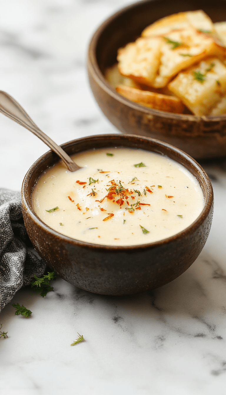 A steaming bowl of creamy baked potato soup garnished with chopped chives and shredded cheese, served on a rustic wooden table with a side of crusty bread, showcasing smooth, velvety texture and fresh toppings
