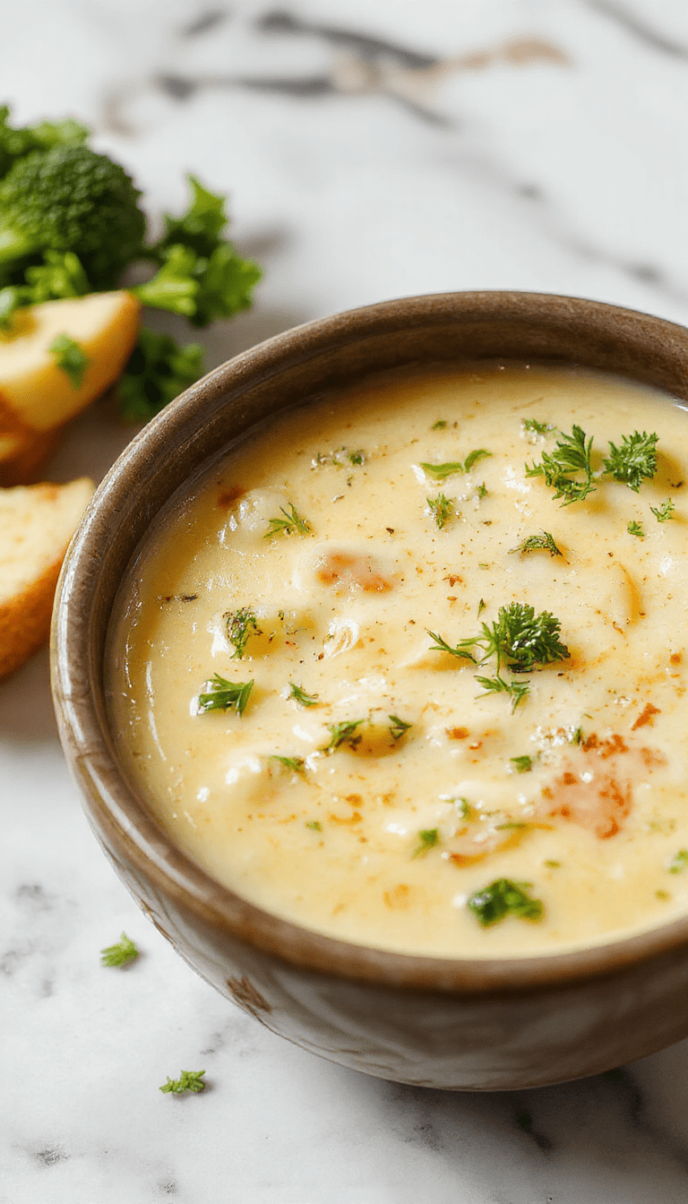 A bowl of creamy broccoli potato cheese soup garnished with shredded cheese and fresh herbs, served in a rustic white bowl on a wooden table with broccoli florets and potato chunks visible, with a spoon resting beside it, highlighting the vibrant green, golden potato, and melted cheese textures.