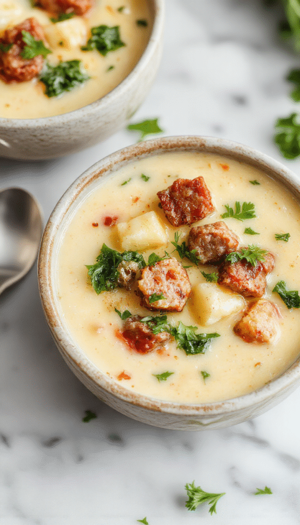 A steaming bowl of creamy cauliflower sausage kale soup with vibrant green kale and golden sausage slices, topped with a sprinkle of herbs, served in a rustic white bowl on a wooden table with fresh ingredients around.