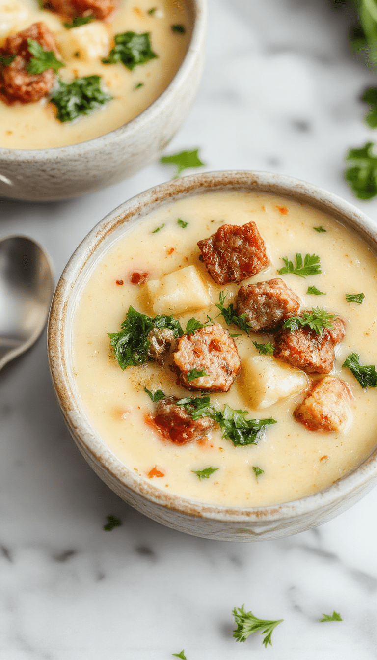 A steaming bowl of creamy cauliflower sausage kale soup with vibrant green kale and golden sausage slices, topped with a sprinkle of herbs, served in a rustic white bowl on a wooden table with fresh ingredients around.
