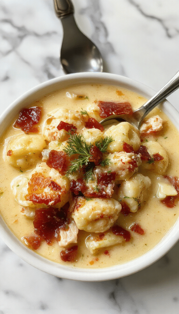 A hearty bowl of creamy chicken bacon gnocchi soup garnished with fresh herbs, showcasing tender gnocchi, crispy bacon pieces, and shredded chicken in a rich, velvety broth. The bowl is set on a rustic wooden table with a spoon ready for serving, vibrant colors highlighting the creamy texture and crispy toppings.