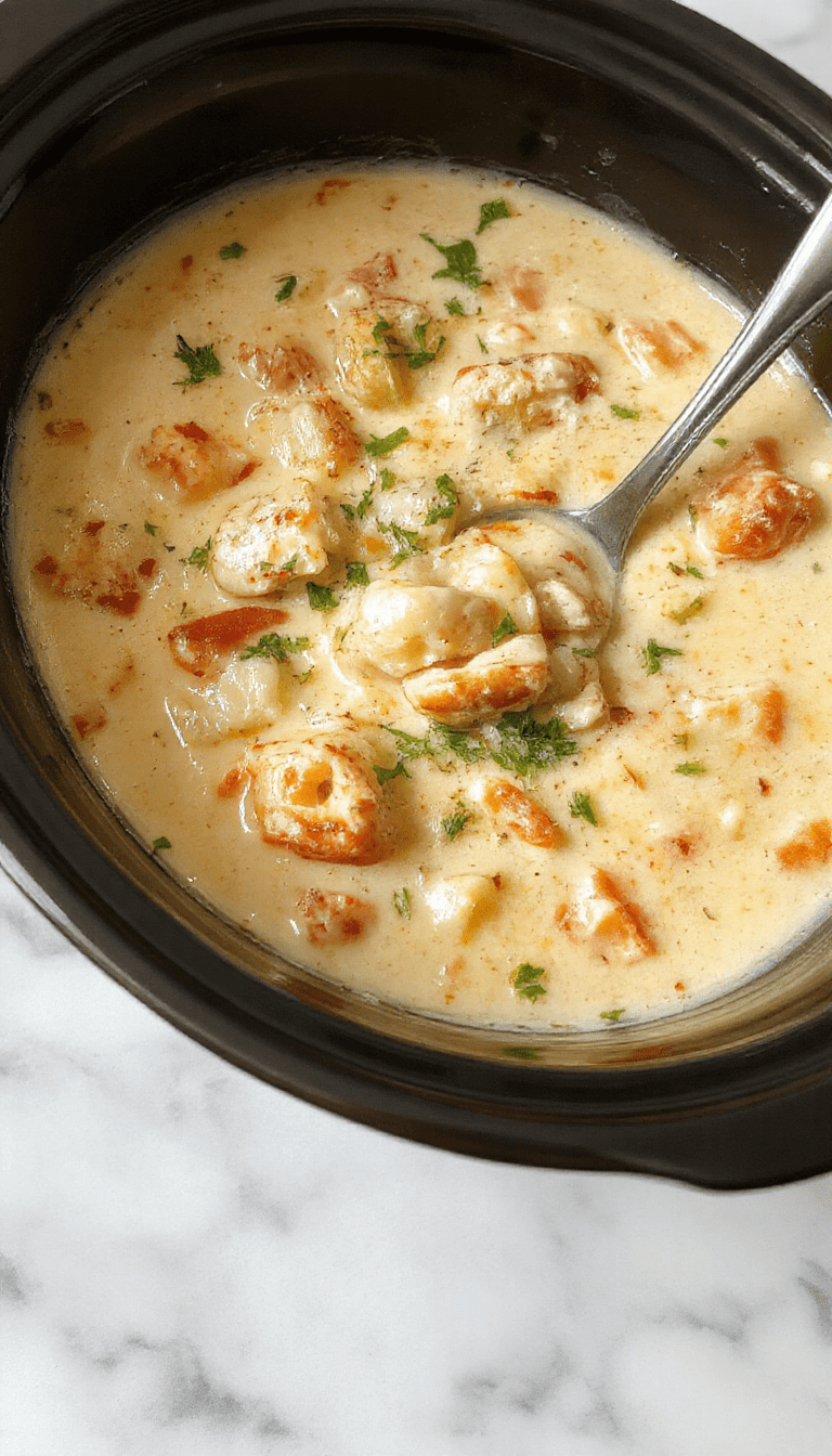 A vibrant bowl of creamy chicken parmesan soup featuring shredded chicken in a rich, cheesy tomato base garnished with fresh basil and melted cheese, served in a rustic white bowl placed on a wooden table with a slice of crusty bread beside it.
