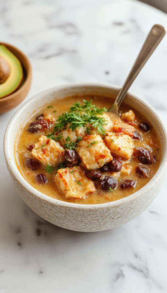 A bowl of creamy chicken soup topped with fresh poblano slices, black beans, and herbs, set on a rustic wooden table with a spoon, vibrant colors from the vegetables, smooth and creamy texture visible, garnished with cilantro and creamy drizzles