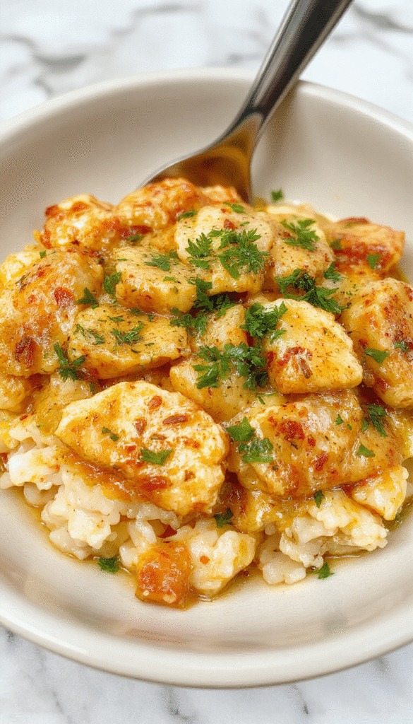Colorful bowl featuring creamy chicken and rice topped with fresh herbs, golden-brown chicken pieces mixed with fluffy white rice and vibrant vegetables, styled simply with a rustic spoon beside and a soft background highlighting the dish's rich textures and inviting presentation.