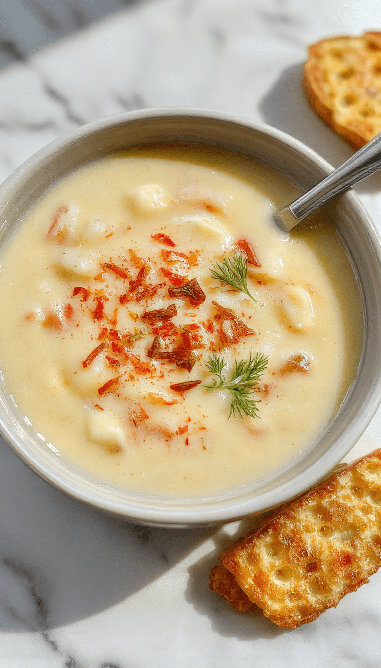 A steaming bowl of creamy potato soup garnished with chopped green onions and shredded cheese, served in a rustic white bowl on a wooden table, with a side of crusty bread and fresh herbs, highlighting a comforting and hearty culinary presentation.