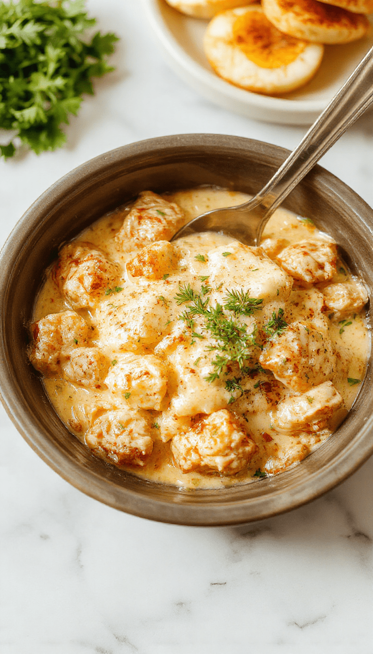 A luscious plate of creamy chicken alfredo with tender shredded chicken resting on fettuccine pasta coated in a velvety white sauce, garnished with chopped parsley and grated Parmesan, served on a white plate with a rustic wooden background, steam rising and vibrant green herbs adding fresh color.