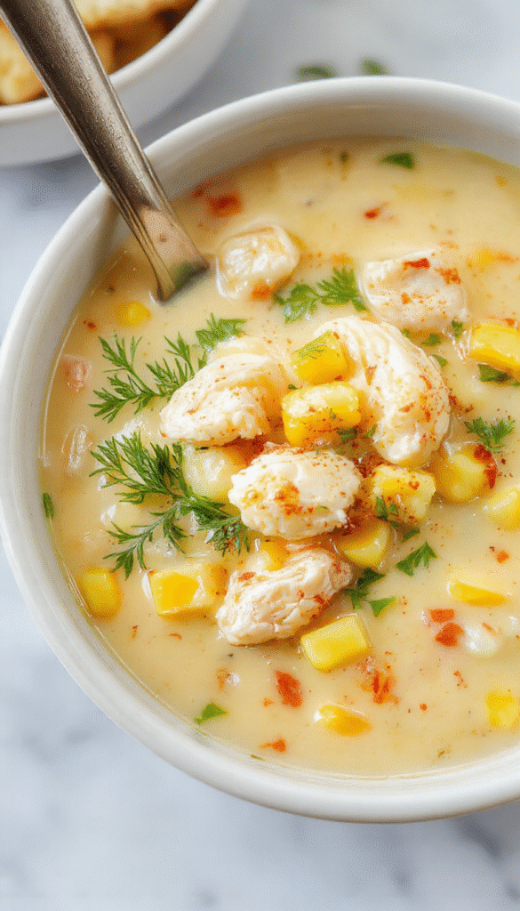 A steaming bowl of creamy chicken corn chowder with tender shredded chicken, bright yellow corn kernels, and a rich, velvety broth topped with fresh herbs, served on a rustic wooden table with a spoon and cozy background.