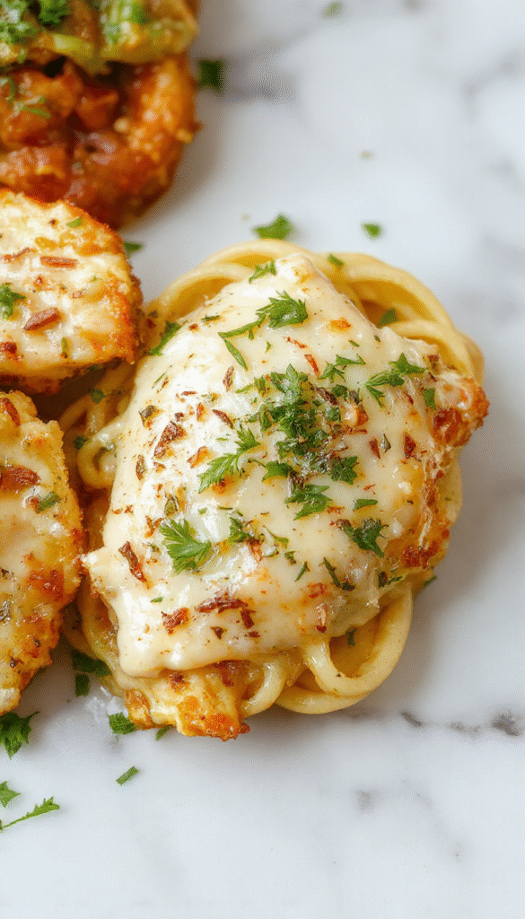 A close-up of golden-brown chicken bites glazed with garlic butter, garnished with parsley, served alongside a creamy parmesan pasta dish with a sprinkle of grated cheese and herbs. The plate is white with a rustic wooden background, highlighting the rich textures and appetizing colors of the dish.
