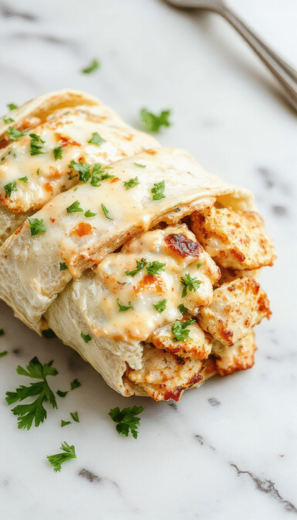 A close-up of golden-brown chicken wraps filled with melted cheese, fresh herbs, and crispy garlic, sliced in half to reveal gooey filling, styled on a rustic wooden platter with a drizzle of sauce and garnished with parsley
