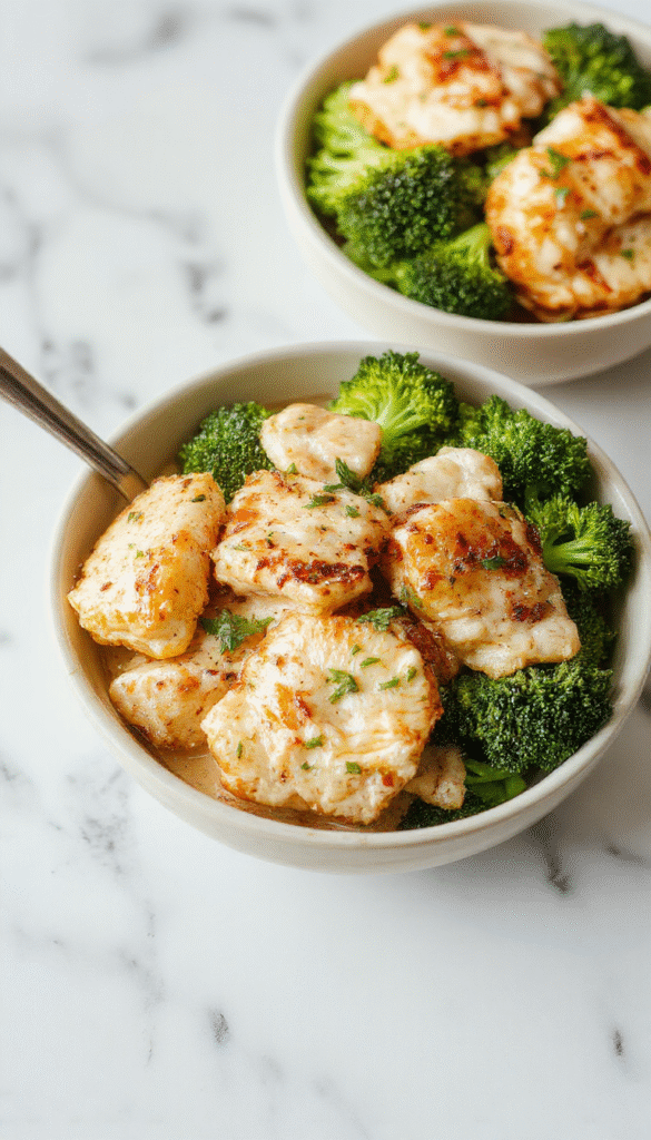 A vibrant bowl featuring perfectly grilled chicken breasts sliced thin, steamed broccoli florets, drizzled with a creamy garlic sauce, garnished with fresh herbs, all on a rustic wooden table with a friendly, inviting atmosphere.
