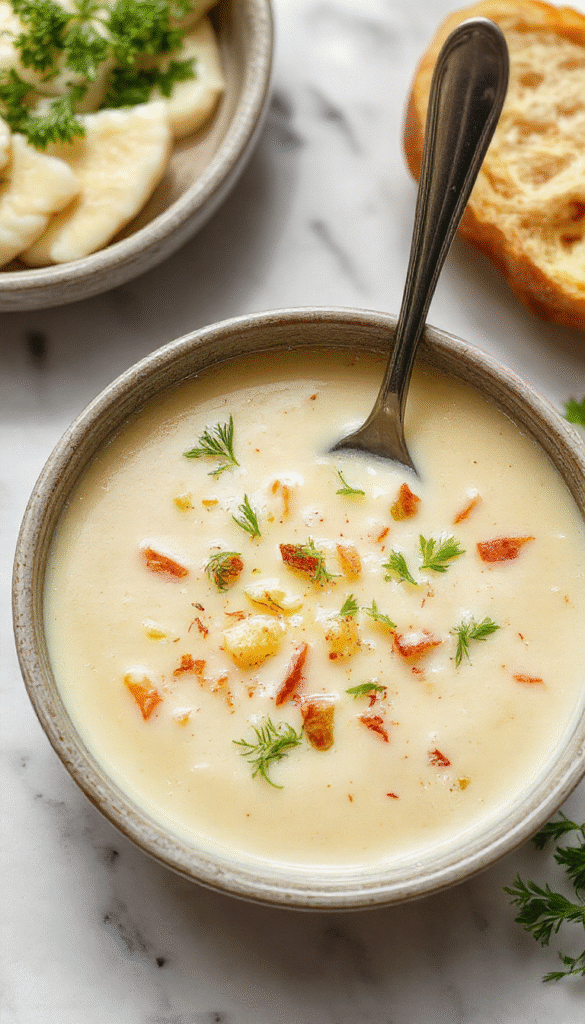 A steaming bowl of creamy garlic velouté soup garnished with fresh parsley on a rustic wooden table, showing smooth texture with golden edges and a spoon resting beside it.
