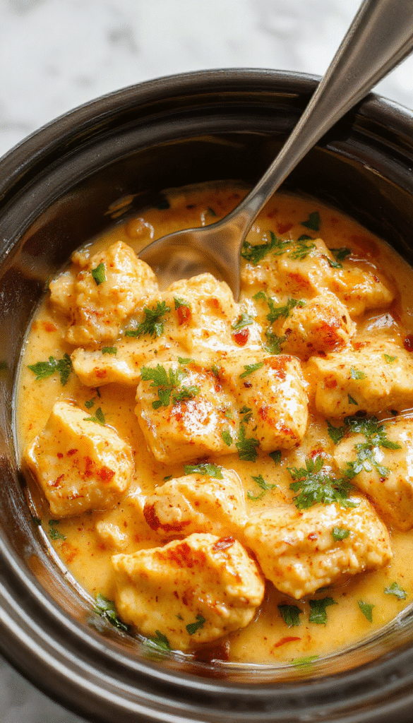 A vibrant bowl of creamy butter chicken with rich orange sauce, garnished with fresh cilantro, served alongside naan bread and basmati rice on a rustic wooden table, with a creamy texture visible and a sprinkle of spices on top.
