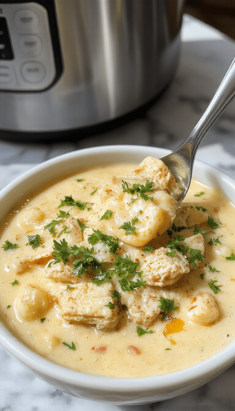 A bowl of creamy white chicken chili topped with fresh cilantro, sliced avocado, and shredded cheese, served with a side of crispy tortilla chips, vibrant green herbs, and steam rising from the rich, thick soup with tender chunks of chicken and white beans against a rustic background.