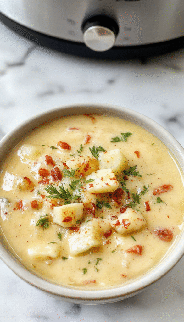 A bowl of creamy loaded crockpot potato soup topped with shredded cheese, crispy bacon bits, chopped green onions, and a dollop of sour cream, served on a rustic wooden table with a background of fresh potatoes and kitchen towels