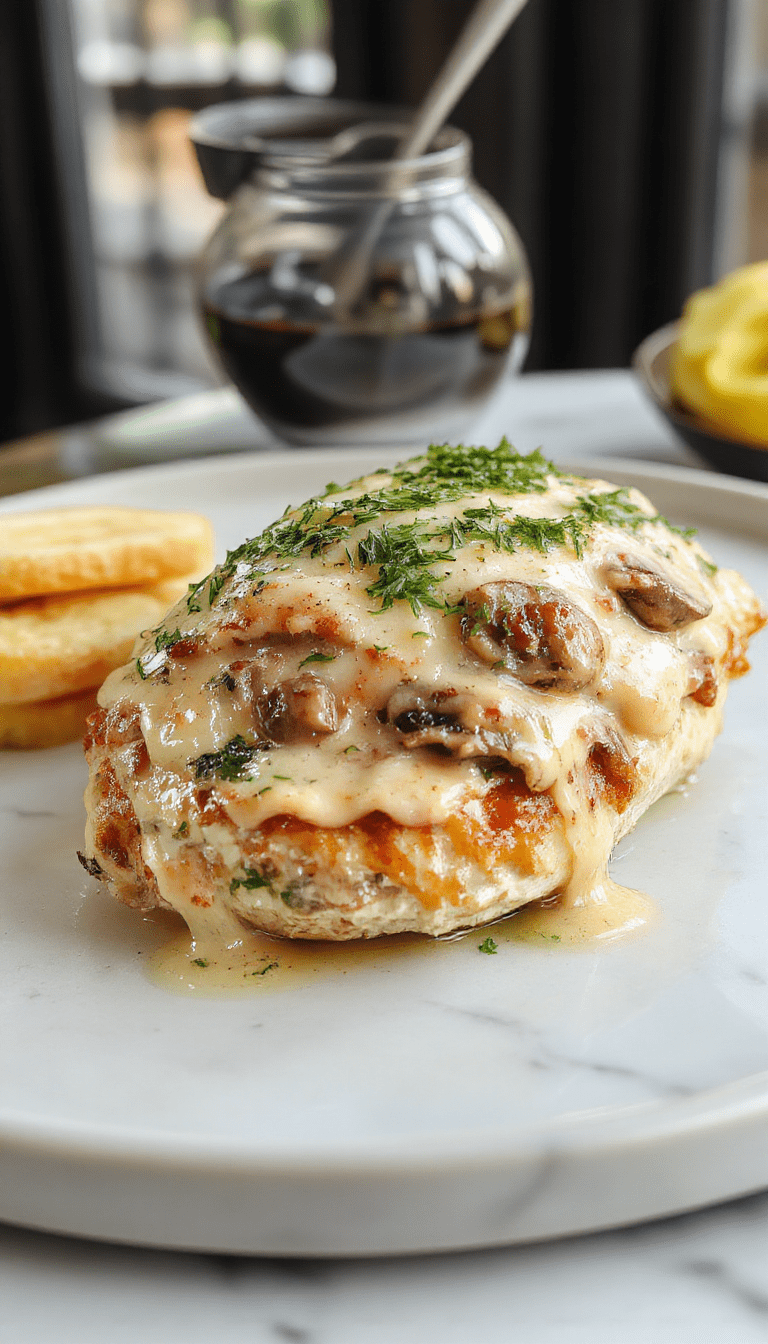 A close-up shot of a sliced chicken breast stuffed with creamy mushroom filling, showcasing the tender, juicy meat contrasted with the savory stuffing, placed on a white plate garnished with fresh herbs, with a rustic wooden background and a drizzle of sauce for an appetizing presentation.
