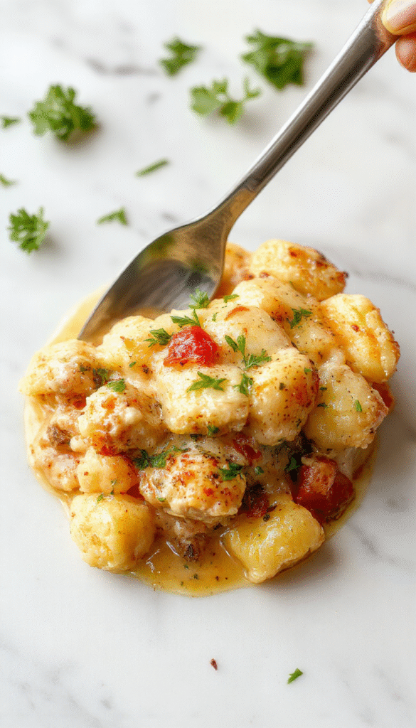 A rustic white bowl filled with creamy chicken and gnocchi, topped with golden-brown flaky pastry crust, garnished with fresh herbs, set on a wooden table with cooking utensils and ingredients around.
