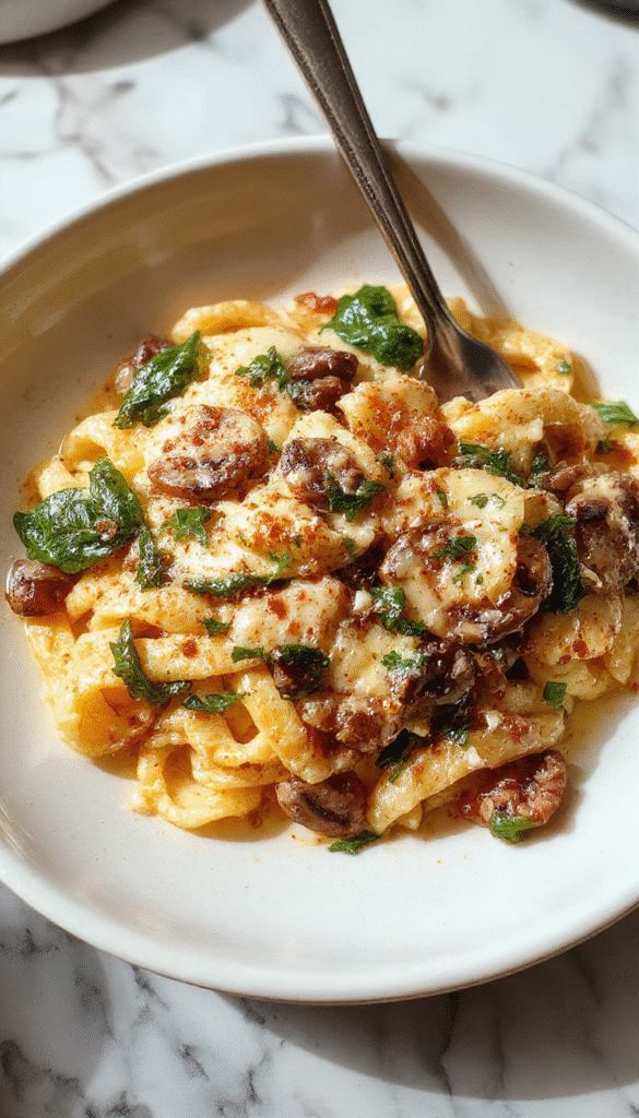 A vibrant skillet dish featuring al dente pasta topped with fresh spinach, sautéed mushrooms, and grated parmesan cheese, garnished with herbs, presented on a rustic wooden table with a drizzle of sauce.