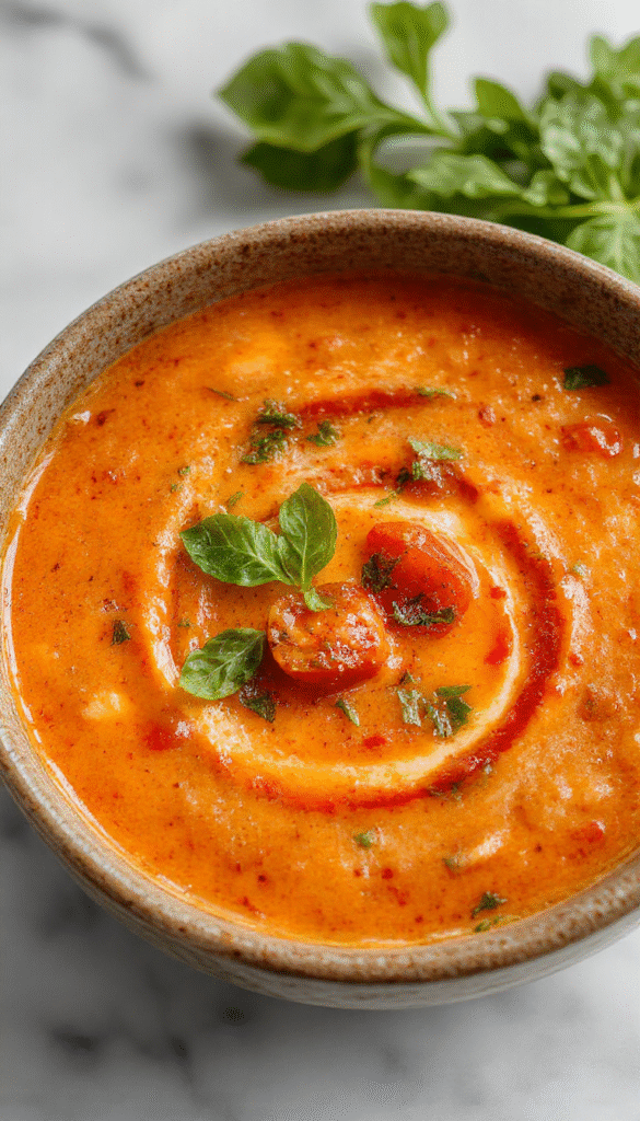 A vibrant bowl of roasted tomato basil soup with a smooth, velvety texture, topped with fresh basil leaves and a drizzle of olive oil, served on a rustic wooden table with crusty bread on the side.