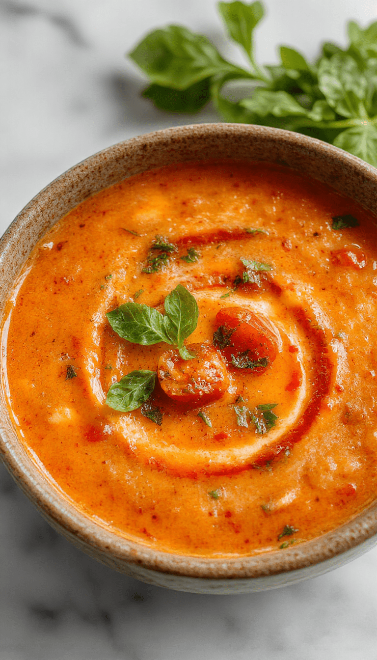 A vibrant bowl of roasted tomato basil soup with a smooth, velvety texture, topped with fresh basil leaves and a drizzle of olive oil, served on a rustic wooden table with crusty bread on the side.