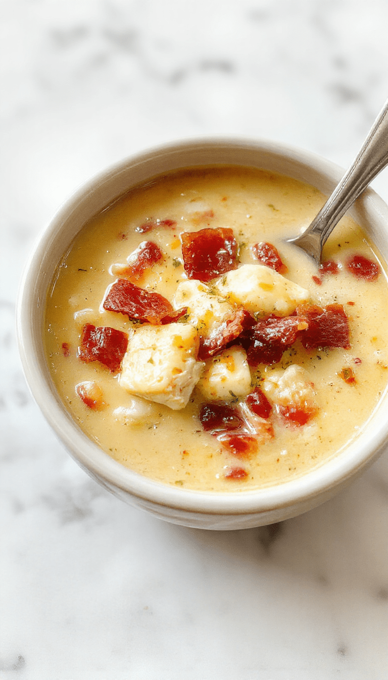 A steaming bowl of creamy chicken soup topped with crispy bacon bits and shredded cheese, garnished with chopped green onions, served in a rustic white bowl on a wooden surface with a spoon, colorful ingredients in the background, inviting and warm culinary presentation.