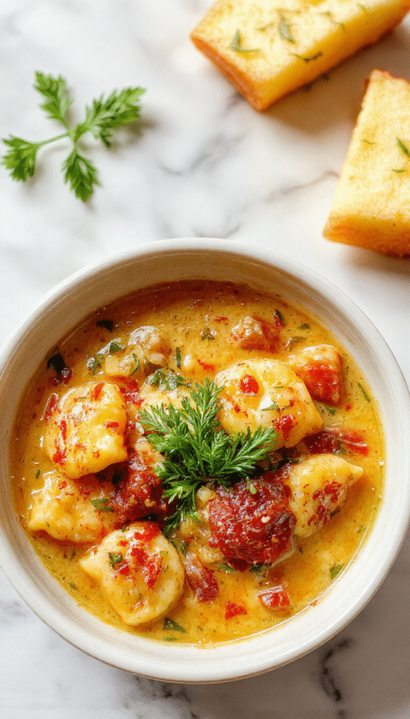 A vibrant bowl of creamy Tuscan ravioli soup featuring plump ravioli floating in a rich, green spinach and basil-infused broth, topped with grated Parmesan and a drizzle of olive oil, served in a rustic white bowl on a wooden table with fresh herbs around.