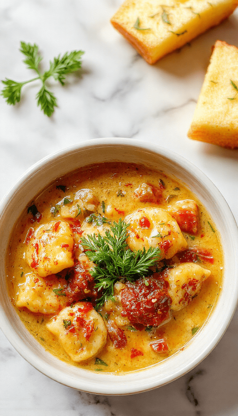 A vibrant bowl of creamy Tuscan ravioli soup featuring plump ravioli floating in a rich, green spinach and basil-infused broth, topped with grated Parmesan and a drizzle of olive oil, served in a rustic white bowl on a wooden table with fresh herbs around.