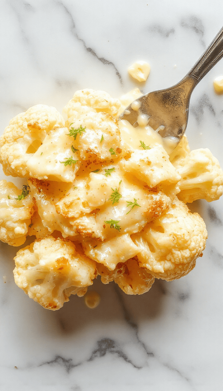 A vibrant, creamy cauliflower dish served on a rustic white plate, garnished with fresh herbs. The cauliflower florets are coated in a rich, golden sauce with hints of spices, contrasting against a colorful background of leafy greens and red pepper slices, styled for an inviting, modern presentation.