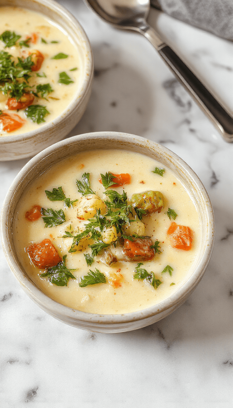 A bowl of creamy vegetable soup with vibrant orange carrots, green celery, and white creamy texture, garnished with chopped herbs on a rustic wooden table, with a spoon beside it, sunlight highlighting the textures and colors.