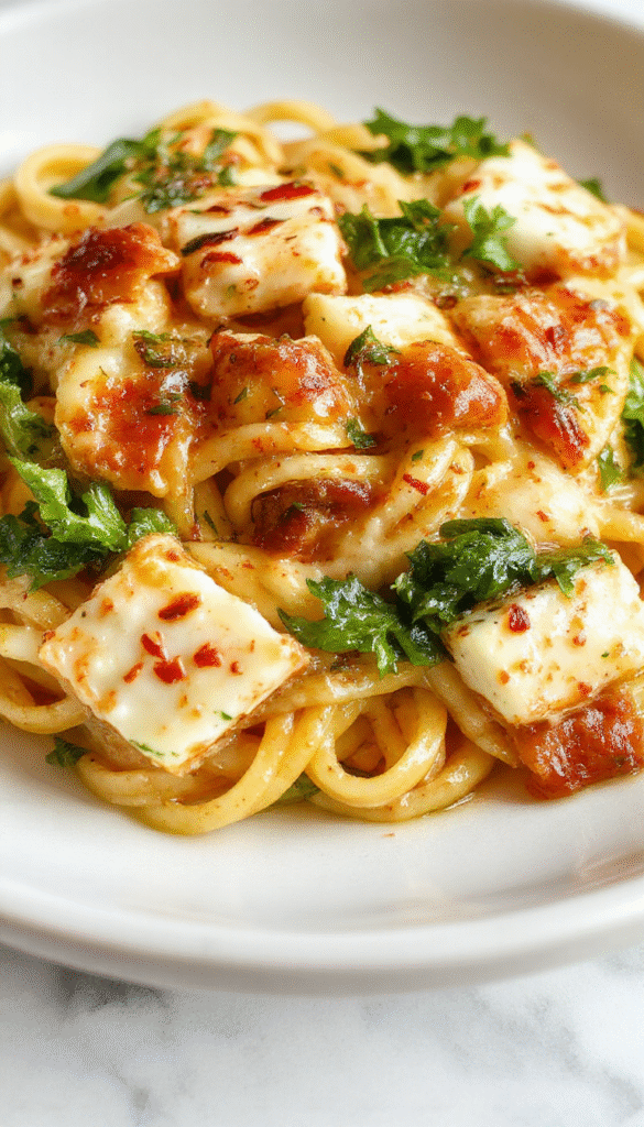 A vibrant plate of veggie pasta showcasing colorful zucchinis, cherry tomatoes, and wilted spinach, topped with golden baked feta cheese crumbles, artfully arranged on a rustic white platter with fresh herbs scattered around, highlighting textures from the creamy sauce and crispy feta bits, styled with a sprig of basil on a wooden background.