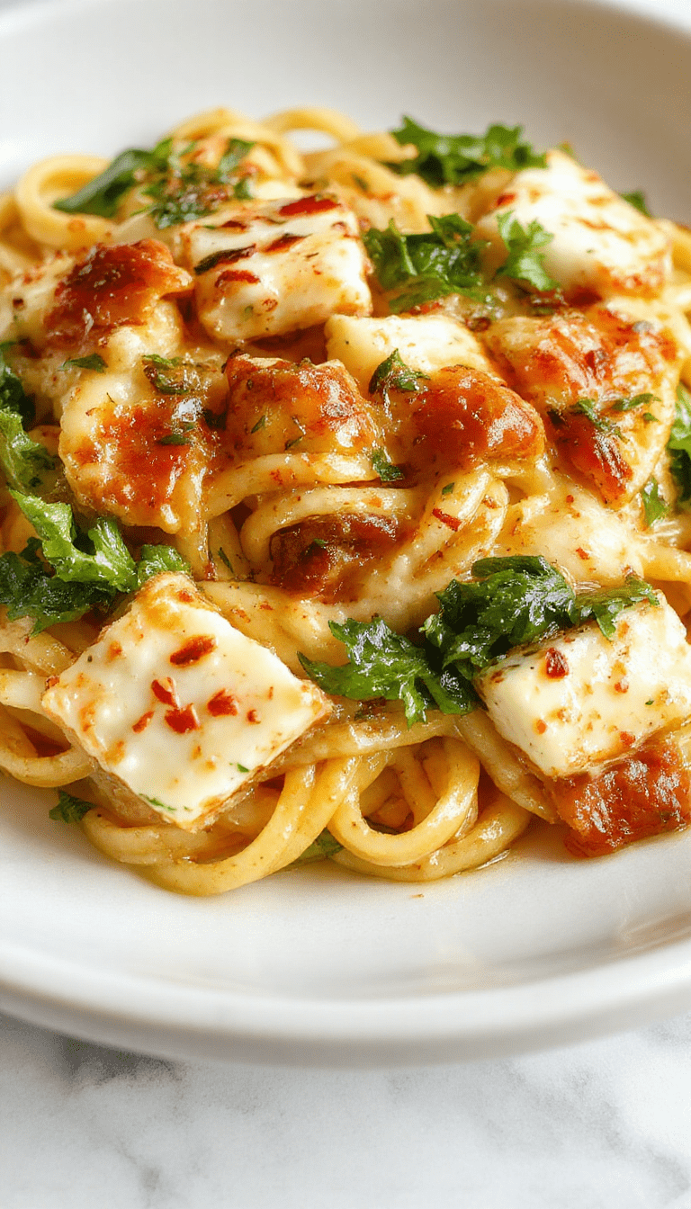 A vibrant plate of veggie pasta showcasing colorful zucchinis, cherry tomatoes, and wilted spinach, topped with golden baked feta cheese crumbles, artfully arranged on a rustic white platter with fresh herbs scattered around, highlighting textures from the creamy sauce and crispy feta bits, styled with a sprig of basil on a wooden background.