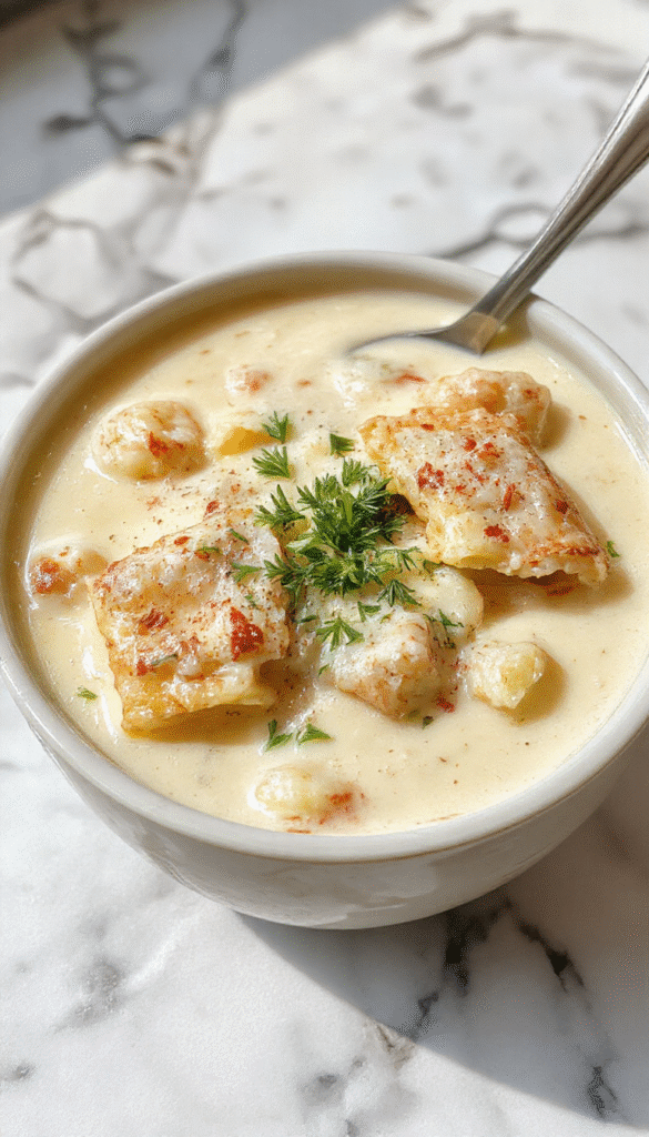A vibrant bowl of white lasagna soup garnished with fresh basil and melted cheese, featuring layers of creamy white sauce, tender pasta, and ground meat, served on a rustic wooden table with a golden spoon resting on the side.