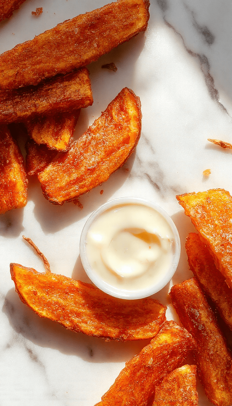 A vibrant plate of golden crispy sweet potato fries arranged on a white ceramic dish, garnished with fresh parsley and a small bowl of dipping sauce, capturing the crispy texture and warm orange hue of the fries.
