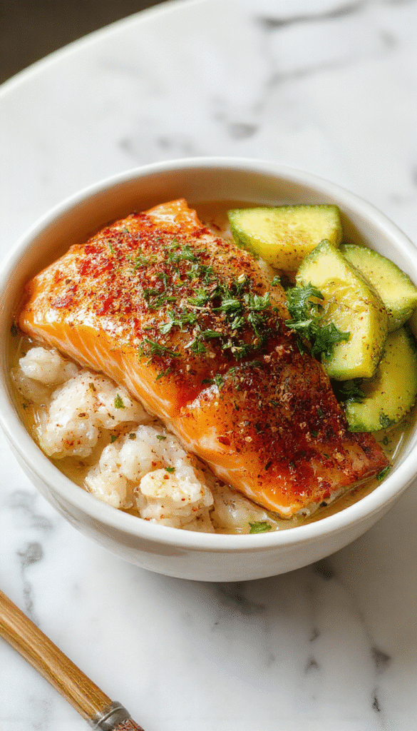 Colorful crispy salmon placed atop a bed of fluffy white rice in a stylish bowl, garnished with green herbs, lemon wedges, and a drizzle of sauce. The crispy texture of the salmon contrasts beautifully with the soft rice, and vibrant vegetables add freshness to the presentation.