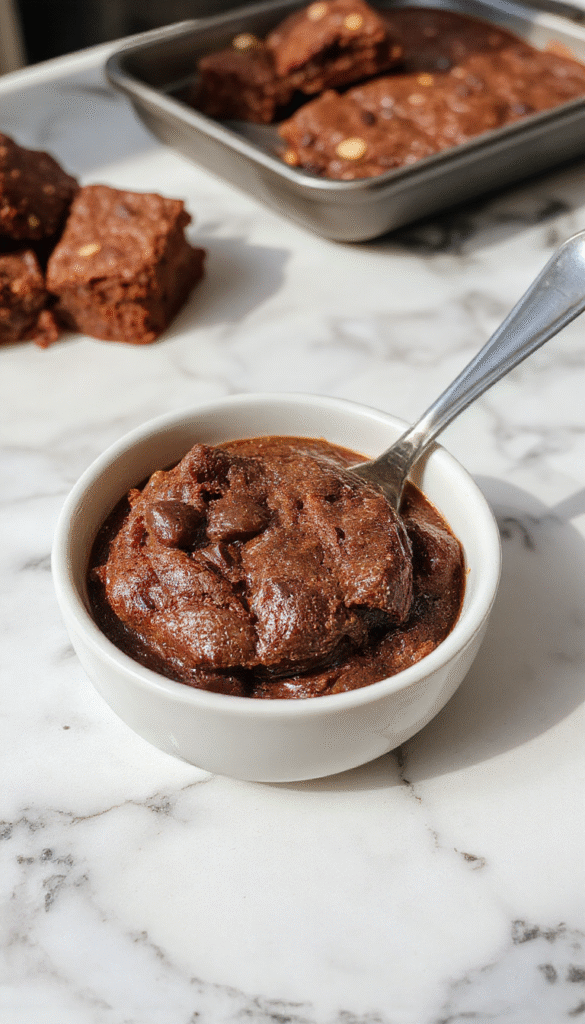 Rich, fudgy brownies with a glossy crackly top, sliced and arranged on a rustic wooden board. The brownies are dark chocolate in color, with a slightly cracked surface, revealing their moist interior. They are garnished with a dusting of cocoa powder and complemented by a glass of milk and a few chocolate shards, styled for an inviting, homemade look.