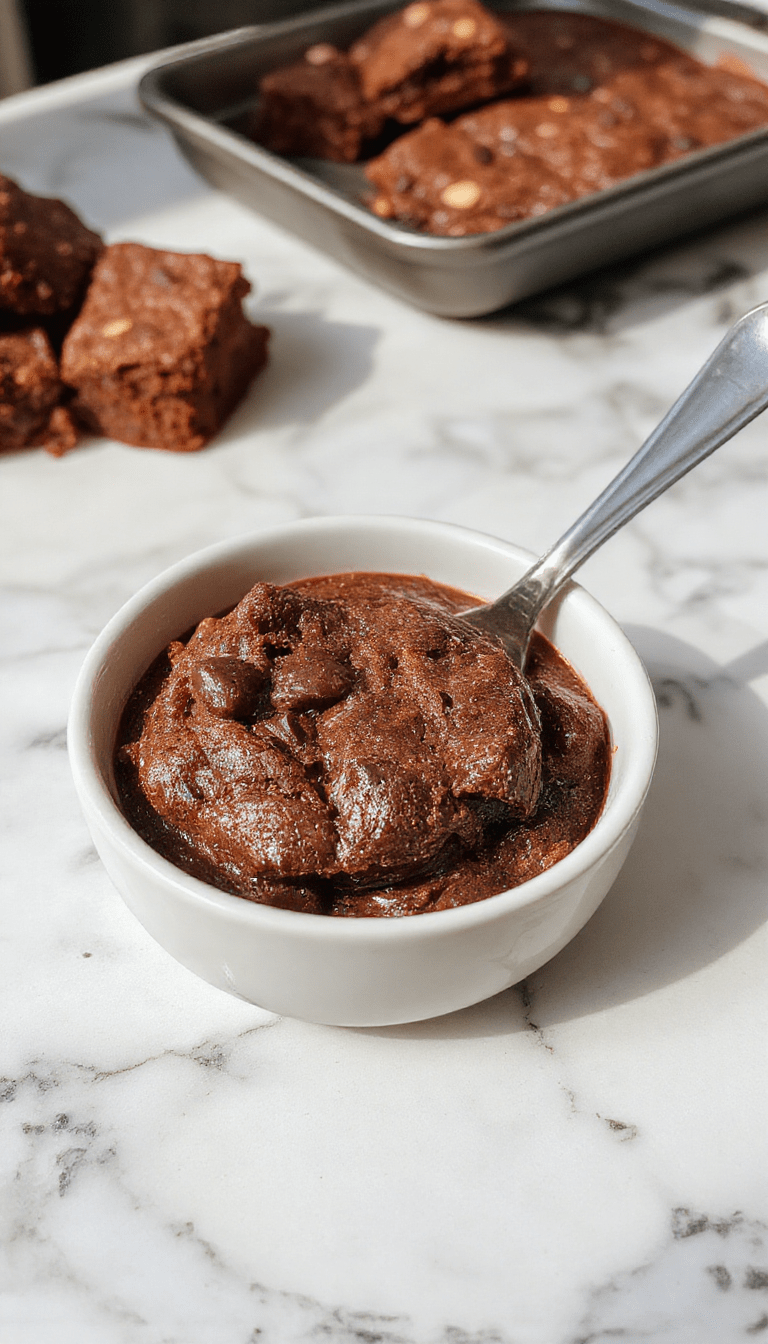 Rich, fudgy brownies with a glossy crackly top, sliced and arranged on a rustic wooden board. The brownies are dark chocolate in color, with a slightly cracked surface, revealing their moist interior. They are garnished with a dusting of cocoa powder and complemented by a glass of milk and a few chocolate shards, styled for an inviting, homemade look.