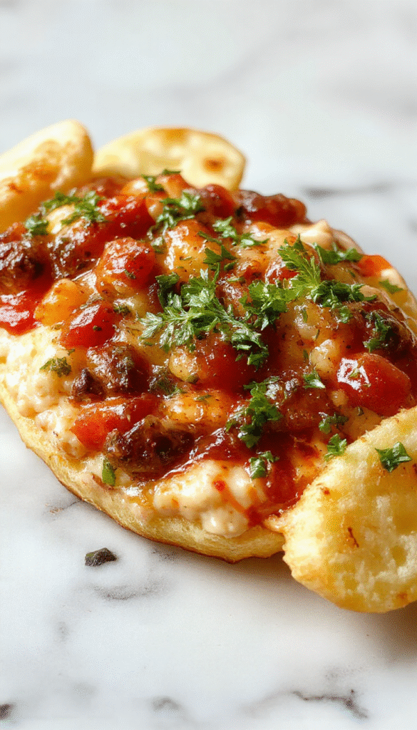 Colorful bruschetta dip displayed in a clear glass bowl, topped with fresh chopped tomatoes, basil leaves, and drizzled with olive oil, surrounded by slices of toasted baguette with crispy edges, vibrant red and green contrasts create an inviting appetizer scene.