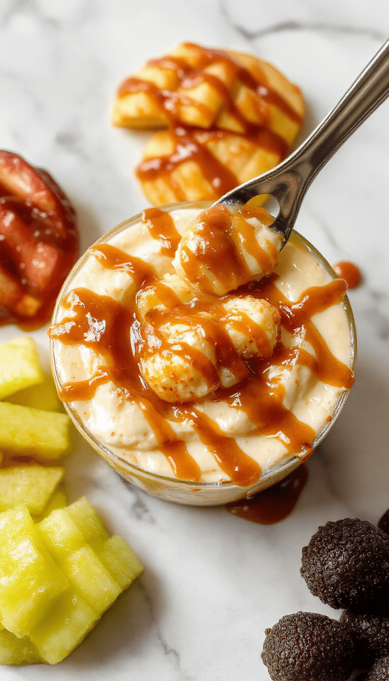 A creamy caramel apple cheesecake dip served in a clear glass bowl, topped with chopped caramel candies and fresh apple slices, with a caramel drizzle on top, surrounded by crisp apple wedges and graham cracker sticks on a rustic wooden table, styled for an inviting sweet treat presentation.