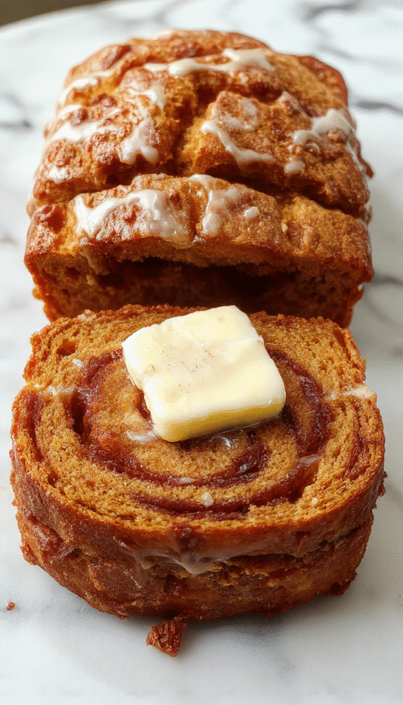 A close-up of a freshly baked pumpkin bread loaf with a cinnamon swirl visible inside, topped with a dusting of powdered sugar and a pat of melting butter. The bread is sliced, revealing its moist texture and beautiful swirl pattern, presented on a rustic wooden board with autumn leaves in the background.
