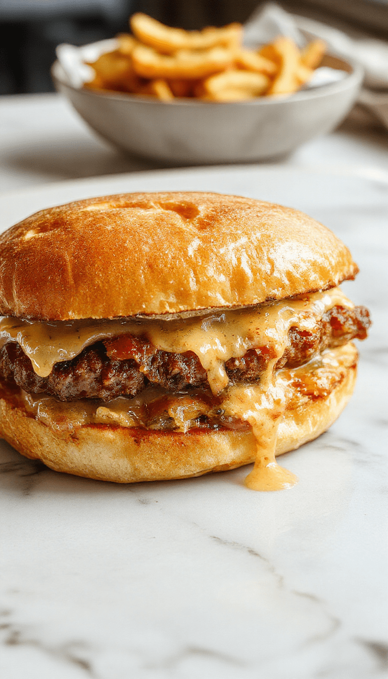 A close-up of a sizzling patty melt sandwich on a rustic wooden board. Golden-brown toasted bread envelops a juicy beef patty, melted cheese, caramelized onions, and pickles. The sandwich is cut in half, revealing gooey cheese and savory fillings, with crispy edges and a toasted crust, styled with a hint of greenery and a casual dining atmosphere.