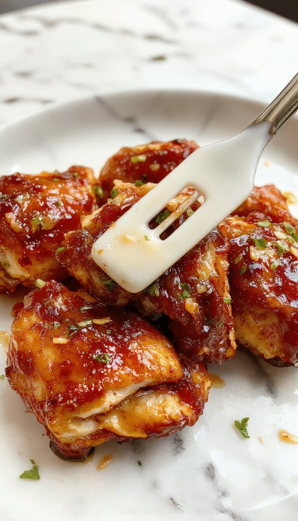 Brightly colored honey garlic chicken placed on a white plate garnished with fresh herbs, featuring a glossy, caramelized exterior with visible garlic slices, surrounded by a drizzle of honey and vibrant vegetables.