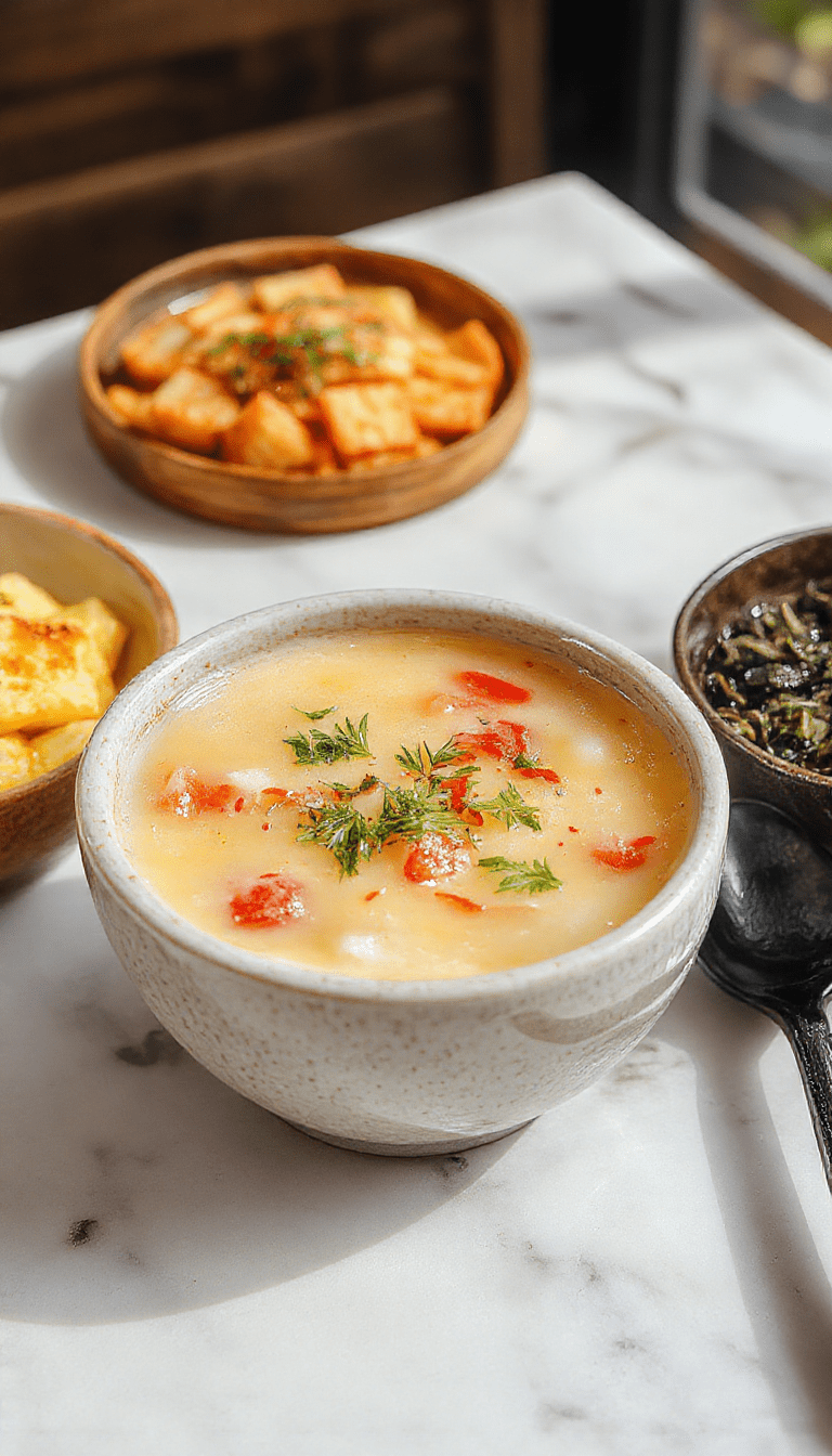A clear bowl of Japanese Soup with transparent broth, garnished with sliced green onions, delicate tofu cubes, and seaweed, arranged beautifully on a rustic wooden table with subtle steam rising, showcasing the simplicity and elegance of Japanese cuisine.