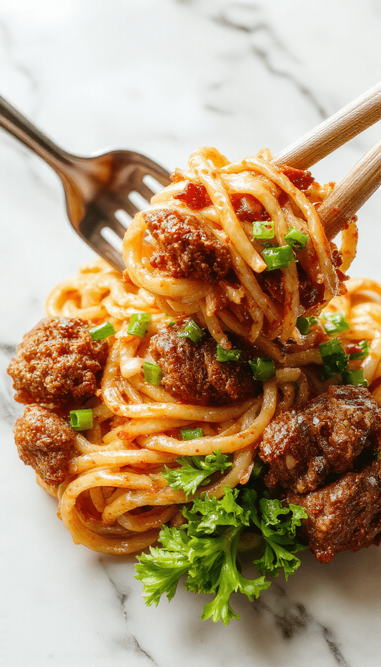 A vibrant plate of Mongolian ground beef noodles featuring tender ground beef, glossy noodles, and colorful chopped scallions, garnished with sesame seeds, all on a rustic wooden table