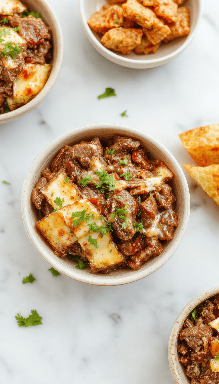Colorful Philly Cheesesteak Bowls featuring sliced tender beef, melted cheese, and sautéed peppers on top of fluffy rice, garnished with fresh herbs, presented in a rustic bowl with a rich, savory sauce drizzled on top, vibrant ingredients contrasting beautifully against a neutral background