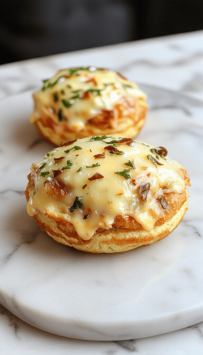 A golden flaky puff pastry topped with a perfectly fried egg and melted cheese, garnished with fresh herbs on an elegant white plate against a rustic wooden background.