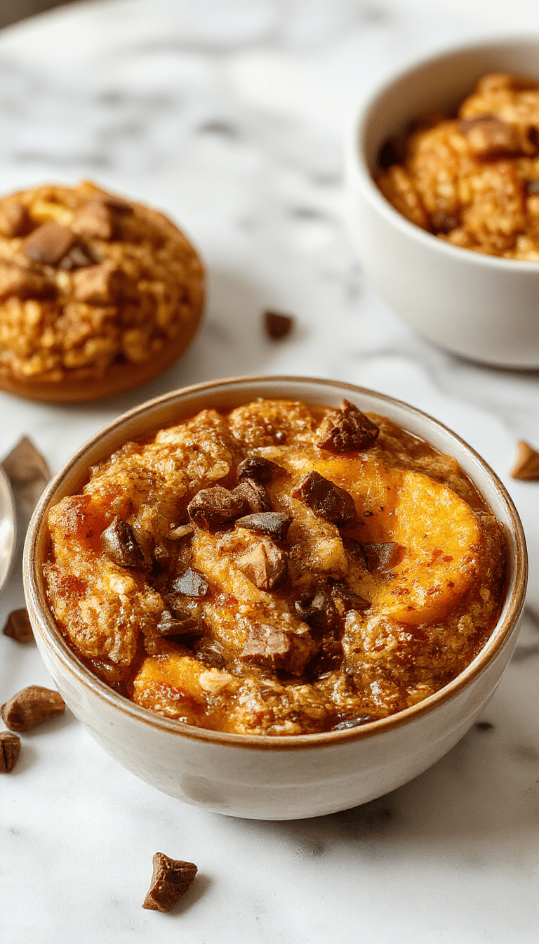 A rustic white plate featuring a slice of warm pumpkin baked oatmeal topped with a sprinkle of cinnamon and a drizzle of maple syrup, surrounded by fresh pumpkin pieces and a cozy fall setting with soft natural light highlighting the golden brown crust and tender interior.