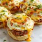 Colorful breakfast roll-ups featuring golden-brown sausage links, fluffy scrambled eggs, and melted cheese wrapped in soft tortillas, arranged on a white plate with fresh herbs garnished on top, with a rustic wooden background.